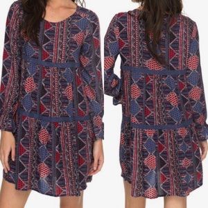 Roxy Boho Long Sleeve Babydoll Tiered Patchwork Mini Dress Sweetness Seas Small